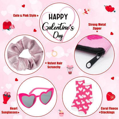 Y1tvei Galentine's Day Pink Gifts - 36-Piece Canvas Cosmetic Pouch Set with Makeup Bags, Heart Sunglasses, Stockings, Hair Ties, Bracelets, Greeting Cards - Valentine's Day Gift for Women Bestie Party Favors