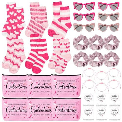 Y1tvei Galentine's Day Pink Gifts - 36-Piece Canvas Cosmetic Pouch Set with Makeup Bags, Heart Sunglasses, Stockings, Hair Ties, Bracelets, Greeting Cards - Valentine's Day Gift for Women Bestie Party Favors
