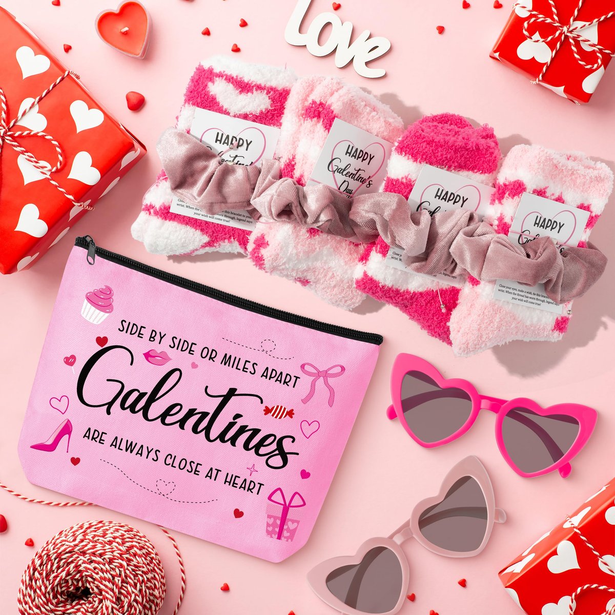 Y1tvei Galentine's Day Pink Gifts - 36-Piece Canvas Cosmetic Pouch Set with Makeup Bags, Heart Sunglasses, Stockings, Hair Ties, Bracelets, Greeting Cards - Valentine's Day Gift for Women Bestie Party Favors - görsel 3