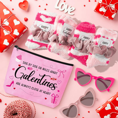Y1tvei Galentine's Day Pink Gifts - 36-Piece Canvas Cosmetic Pouch Set with Makeup Bags, Heart Sunglasses, Stockings, Hair Ties, Bracelets, Greeting Cards - Valentine's Day Gift for Women Bestie Party Favors