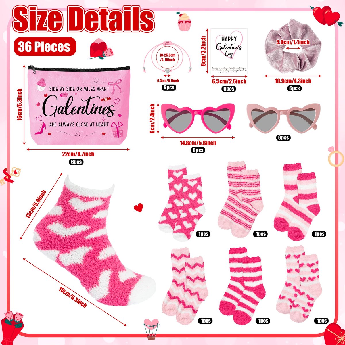 Y1tvei Galentine's Day Pink Gifts - 36-Piece Canvas Cosmetic Pouch Set with Makeup Bags, Heart Sunglasses, Stockings, Hair Ties, Bracelets, Greeting Cards - Valentine's Day Gift for Women Bestie Party Favors - görsel 5