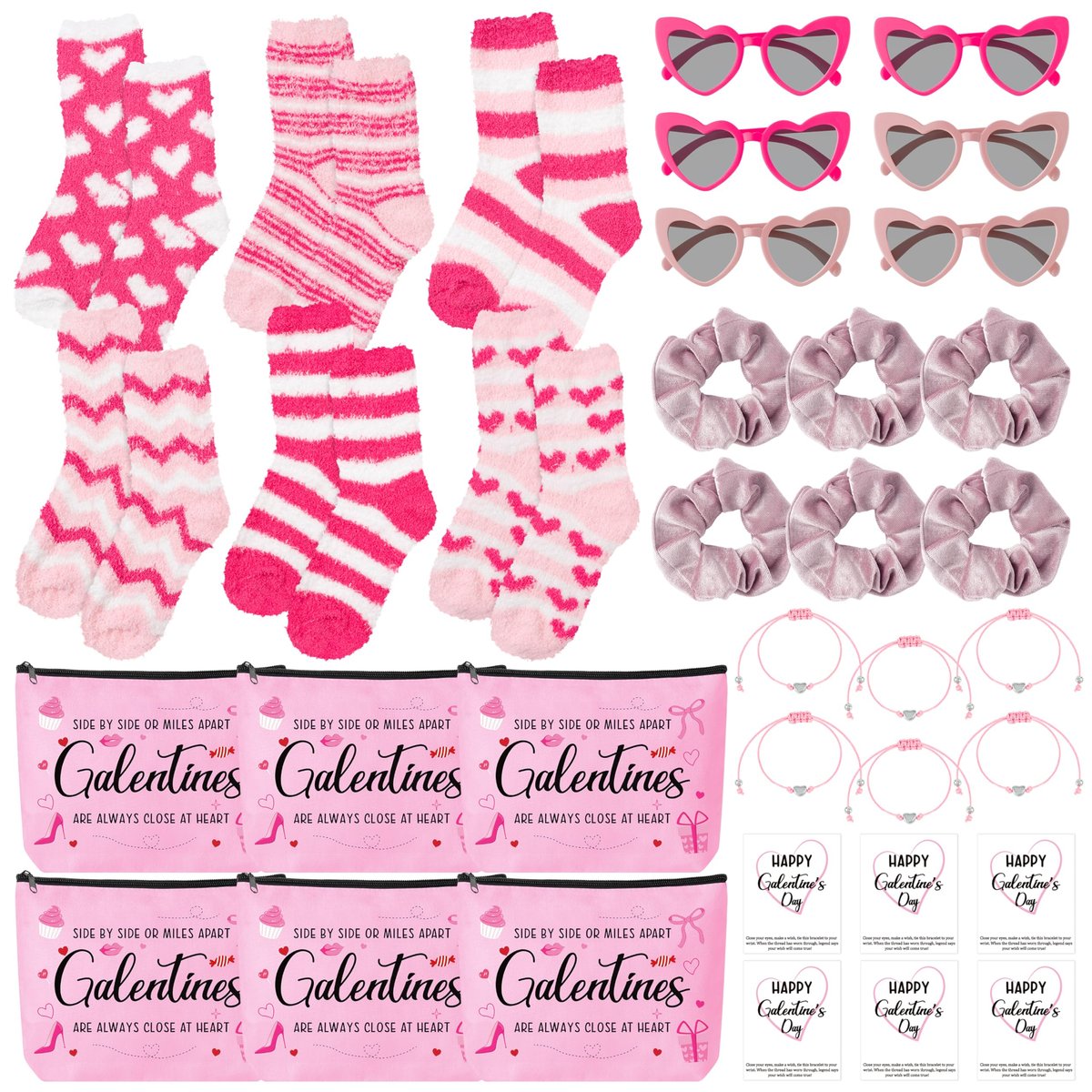 Y1tvei Galentine's Day Pink Gifts - 36-Piece Canvas Cosmetic Pouch Set with Makeup Bags, Heart Sunglasses, Stockings, Hair Ties, Bracelets, Greeting Cards - Valentine's Day Gift for Women Bestie Party Favors - görsel 1