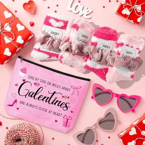 Y1tvei Galentine's Day Pink Gifts - 36-Piece Canvas Cosmetic Pouch Set with Makeup Bags, Heart Sunglasses, Stockings, Hair Ties, Bracelets, Greeting Cards - Valentine's Day Gift for Women Bestie Party Favors - görsel 4
