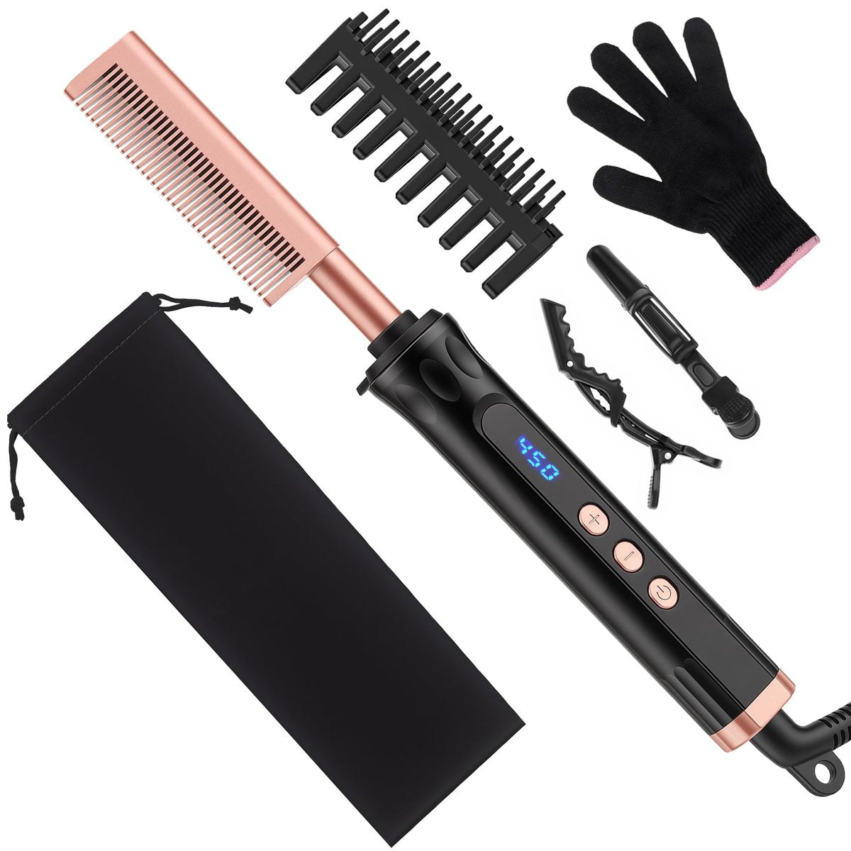 Ceramic Hot Comb for Lace Front Wigs - Electric Straightening Comb with 14 Temperature Settings & Auto Shut Off, Dual Voltage Travel Pressing Comb for Black Women Hair (Rose Gold, 12 Inches) Avelisse