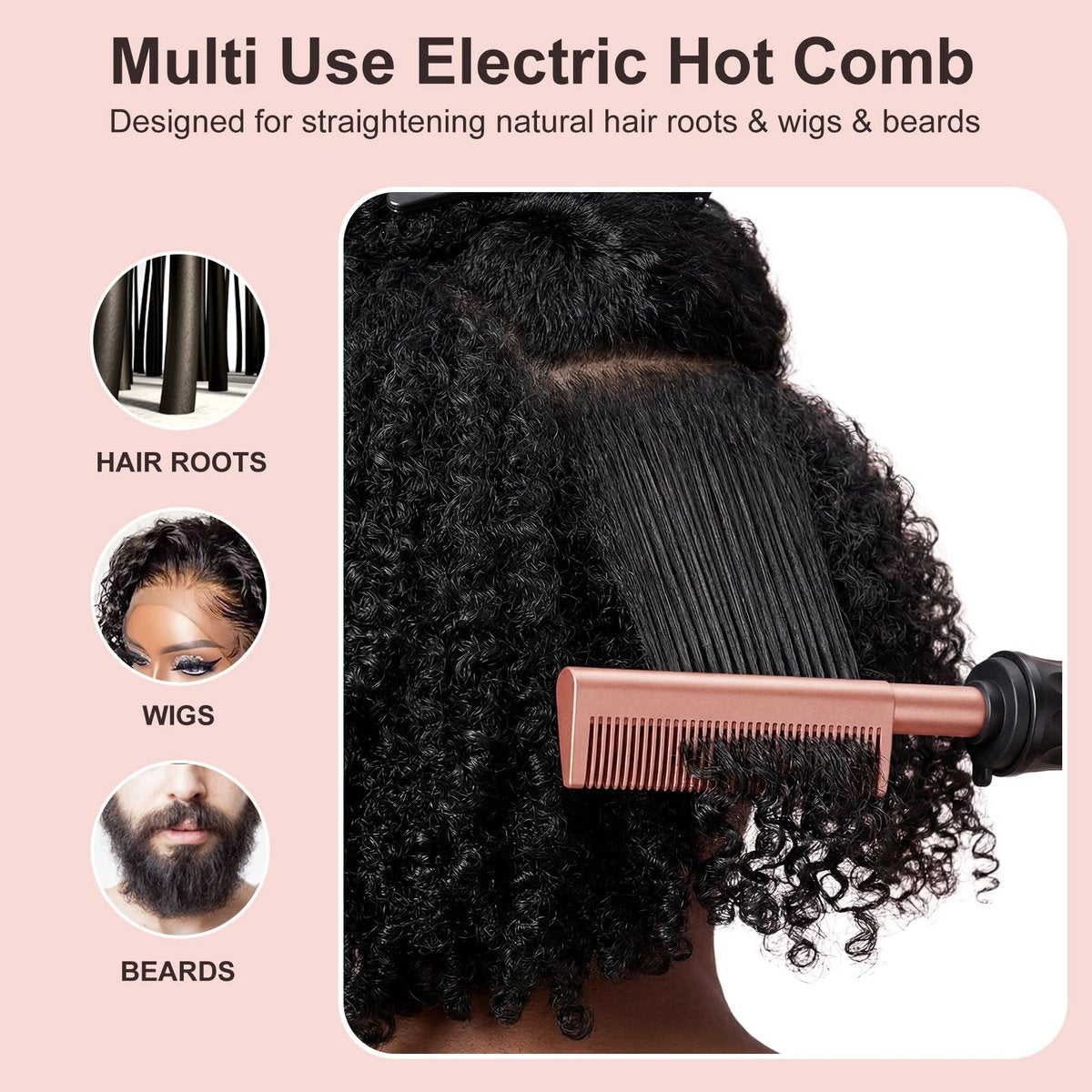 Ceramic Hot Comb for Lace Front Wigs - Electric Straightening Comb with 14 Temperature Settings & Auto Shut Off, Dual Voltage Travel Pressing Comb for Black Women Hair (Rose Gold, 12 Inches) Avelisse
