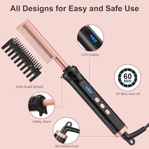 Ceramic Hot Comb for Lace Front Wigs - Electric Straightening Comb with 14 Temperature Settings & Auto Shut Off, Dual Voltage Travel Pressing Comb for Black Women Hair (Rose Gold, 12 Inches) Avelisse