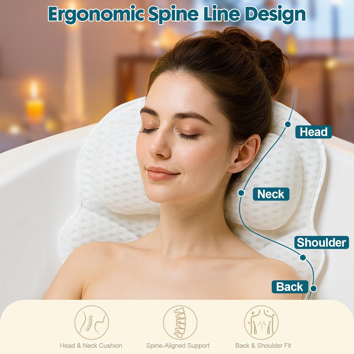 Luxury Bath Pillow with Extended Wings, 4D Air Mesh Bathtub Pillow for Head, Neck & Back Support, Non-Slip Suction Cups, Spa Gift for Women - White (Larger & Thicker) Avelisse