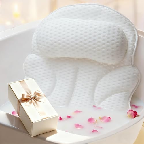 Luxury Bath Pillow with Extended Wings, 4D Air Mesh Bathtub Pillow for Head, Neck & Back Support, Non-Slip Suction Cups, Spa Gift for Women - White (Larger & Thicker) Avelisse