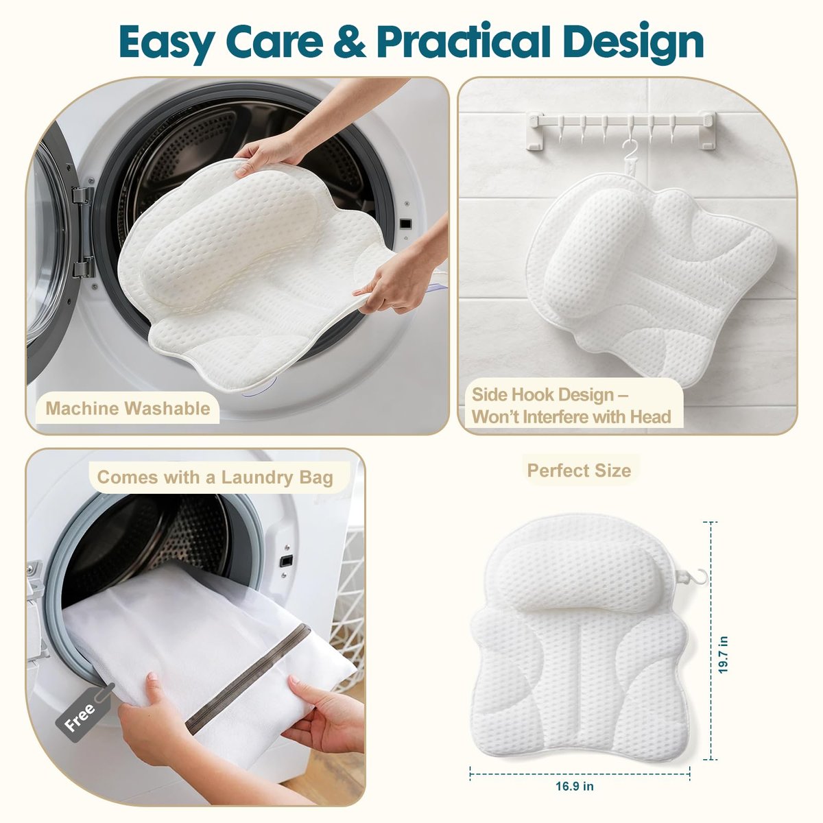 Luxury Bath Pillow with Extended Wings, 4D Air Mesh Bathtub Pillow for Head, Neck & Back Support, Non-Slip Suction Cups, Spa Gift for Women - White (Larger & Thicker) Avelisse