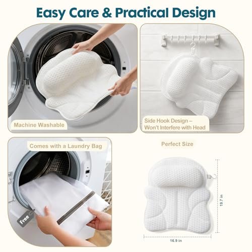 Luxury Bath Pillow with Extended Wings, 4D Air Mesh Bathtub Pillow for Head, Neck & Back Support, Non-Slip Suction Cups, Spa Gift for Women - White (Larger & Thicker) Avelisse