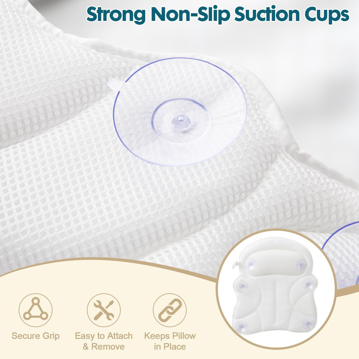 Luxury Bath Pillow with Extended Wings, 4D Air Mesh Bathtub Pillow for Head, Neck & Back Support, Non-Slip Suction Cups, Spa Gift for Women - White (Larger & Thicker) Avelisse