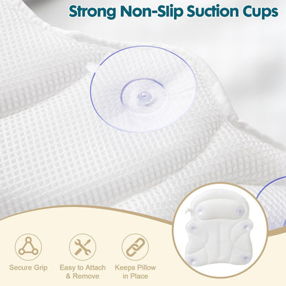 Luxury Bath Pillow with Extended Wings, 4D Air Mesh Bathtub Pillow for Head, Neck & Back Support, Non-Slip Suction Cups, Spa Gift for Women - White (Larger & Thicker) Avelisse