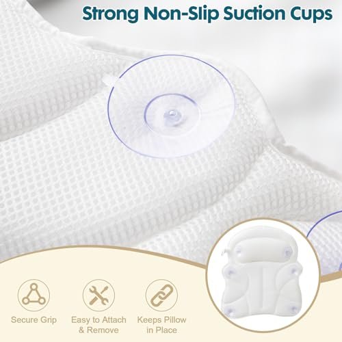 Luxury Bath Pillow with Extended Wings, 4D Air Mesh Bathtub Pillow for Head, Neck & Back Support, Non-Slip Suction Cups, Spa Gift for Women - White (Larger & Thicker) Avelisse