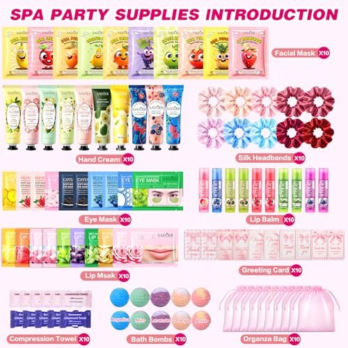 100 PCS Spa Party Supplies for Girls - Face Masks, Hand Cream, Lip Balm, Under Eye Patches, Lip Mask, Foot Bath Bombs - Spa Birthday Sleepover Party Favors Avelisse