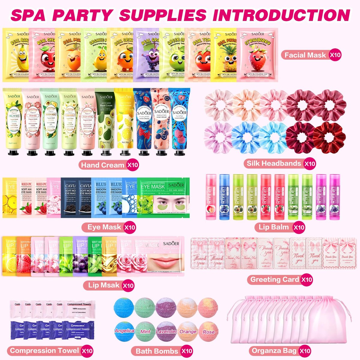 100 PCS Spa Party Supplies for Girls - Face Masks, Hand Cream, Lip Balm, Under Eye Patches, Lip Mask, Foot Bath Bombs - Spa Birthday Sleepover Party Favors Avelisse