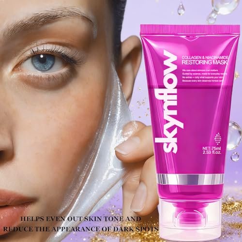 skynflow Collagen Mask - Overnight Wrapping Niacinamide Peel Off Facial Mask for Hydration & Elasticity, Supports Firmness & Revives Tired Skin, Hydrolyzed Collagen for All Skin Types - 2.54 Fl Oz Avelisse