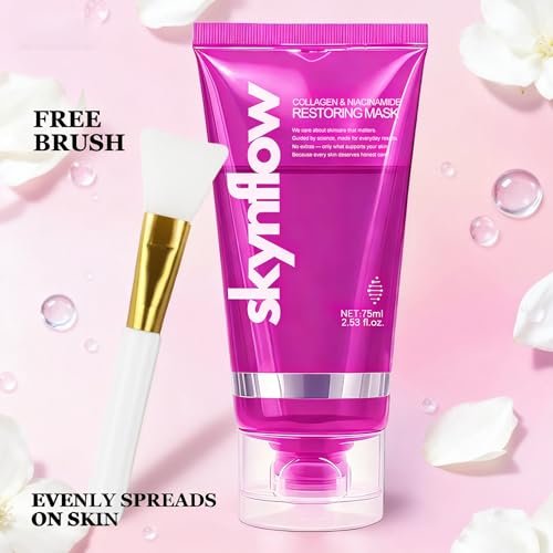 skynflow Collagen Mask - Overnight Wrapping Niacinamide Peel Off Facial Mask for Hydration & Elasticity, Supports Firmness & Revives Tired Skin, Hydrolyzed Collagen for All Skin Types - 2.54 Fl Oz Avelisse