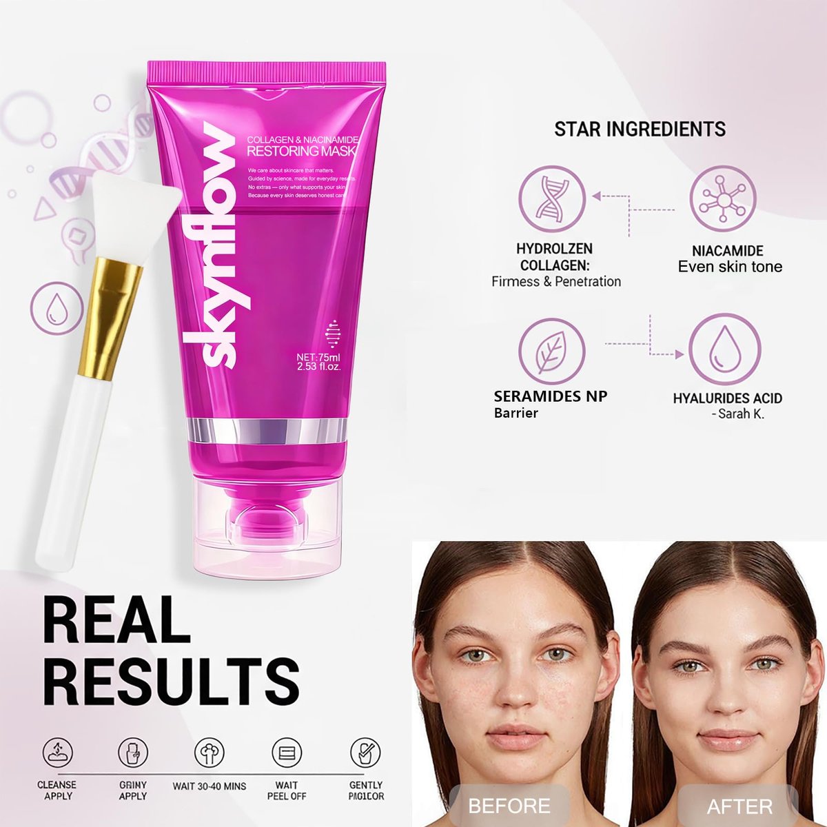 skynflow Collagen Mask - Overnight Wrapping Niacinamide Peel Off Facial Mask for Hydration & Elasticity, Supports Firmness & Revives Tired Skin, Hydrolyzed Collagen for All Skin Types - 2.54 Fl Oz Avelisse