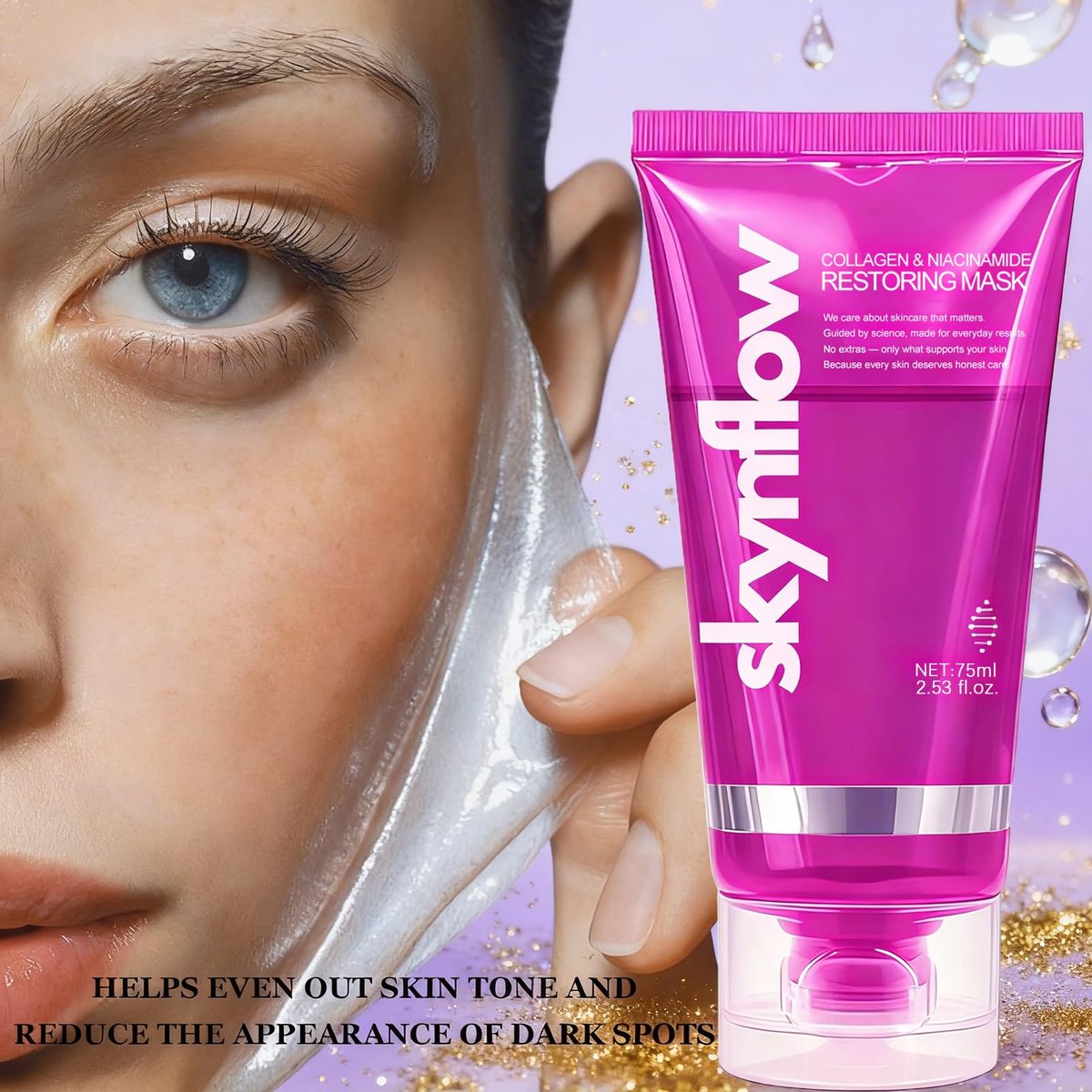 skynflow Collagen Mask - Overnight Wrapping Niacinamide Peel Off Facial Mask for Hydration & Elasticity, Supports Firmness & Revives Tired Skin, Hydrolyzed Collagen for All Skin Types - 2.54 Fl Oz Avelisse