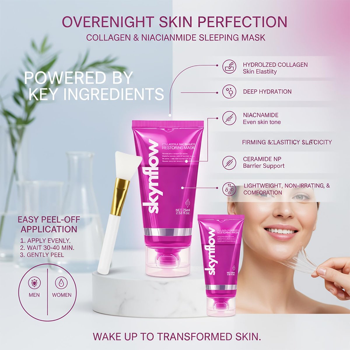 skynflow Collagen Mask - Overnight Wrapping Niacinamide Peel Off Facial Mask for Hydration & Elasticity, Supports Firmness & Revives Tired Skin, Hydrolyzed Collagen for All Skin Types - 2.54 Fl Oz Avelisse