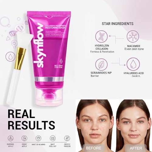 skynflow Collagen Mask - Overnight Wrapping Niacinamide Peel Off Facial Mask for Hydration & Elasticity, Supports Firmness & Revives Tired Skin, Hydrolyzed Collagen for All Skin Types - 2.54 Fl Oz Avelisse