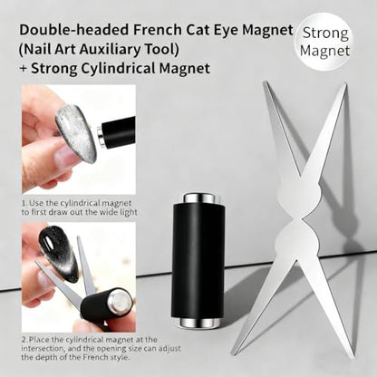 CHEMAILON Cat Eye Nail Magnet for Nails Set – Double-Head French Nail Magnet Tool, Strong Cat Eye Gel Nail Polish Magnet, 2 in 1 Cat Eye Nail Magnet for French Effect, Perfect for DIY or Nail Salon