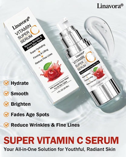 Super Vitamin C Serum for Face | Natural Anti-Aging Formula with Vitamin C, Hyaluronic Acid, Vitamin E & Caffeine – Firming Serum for Hydration, Wrinkle Reduction & Dark Spot Brightening – 1 Fl Oz Avelisse