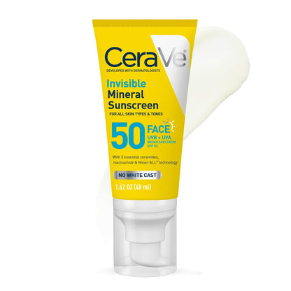 CeraVe Invisible Mineral Sunscreen SPF 50, Face Sunscreen for Sensitive Skin with Zinc Oxide & Titanium Dioxide, Vitamin E + Niacinamide + Ceramides, Oil Free, Travel Size 1.62 oz Avelisse
