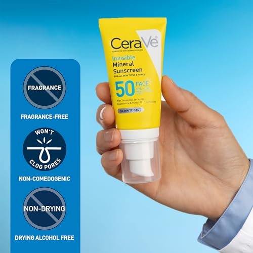 CeraVe Invisible Mineral Sunscreen SPF 50, Face Sunscreen for Sensitive Skin with Zinc Oxide & Titanium Dioxide, Vitamin E + Niacinamide + Ceramides, Oil Free, Travel Size 1.62 oz Avelisse