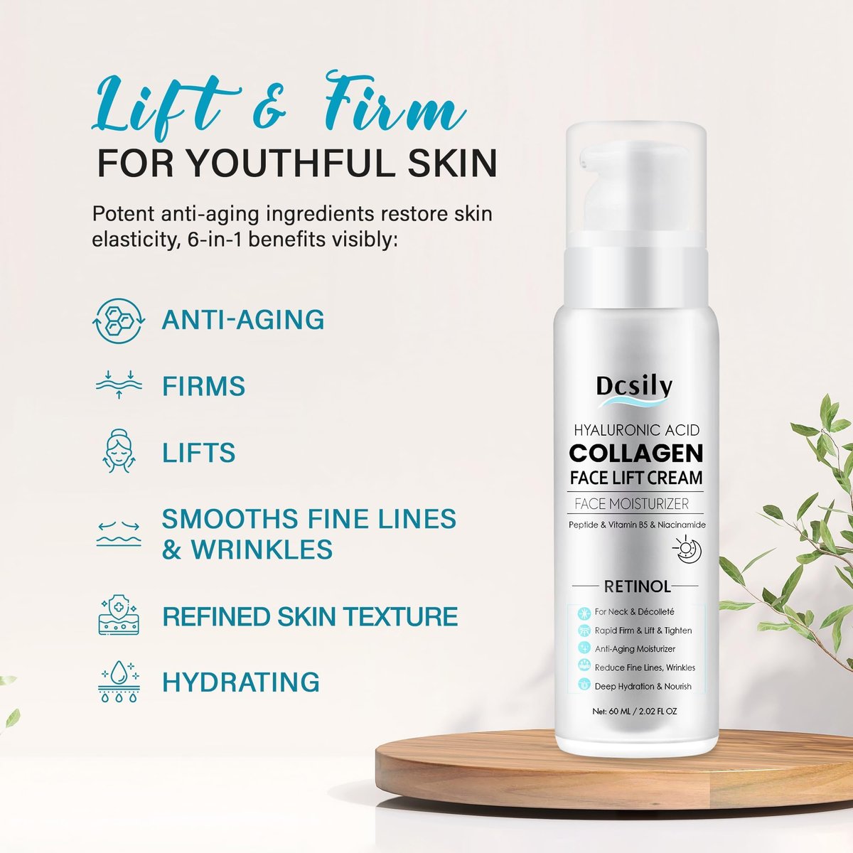 Tighten and Lift Neck Cream: Instant Face Lift Cream - 6-in-1 Anti-Aging Face Moisturizer for Anti-Wrinkle Firm - Collagen Retinol Peptides & Hyaluronic Acid Neck Firming Cream for Skin Care Avelisse