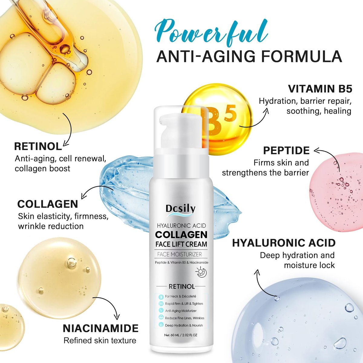 Tighten and Lift Neck Cream: Instant Face Lift Cream - 6-in-1 Anti-Aging Face Moisturizer for Anti-Wrinkle Firm - Collagen Retinol Peptides & Hyaluronic Acid Neck Firming Cream for Skin Care Avelisse