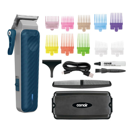 Conair Men Lithium-Ion Rechargeable Clipper & Hair Trimmer for Men, 17-Piece Hair Cutting Kit with Color-Coded Combs, 5-Position Taper Control for Tapered Edges and Fades, Quick Charge Avelisse