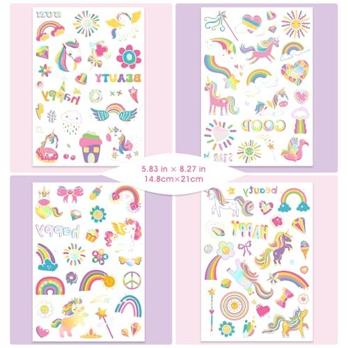 Unicorn Temporary Tattoos for Kids Girls - 94 Glitter Styles, Rainbow Fake Tattoos for Birthday, Party Decorations, Favors - Waterproof Unicorn Tattoos Stickers (4 Sheets) - görsel 4