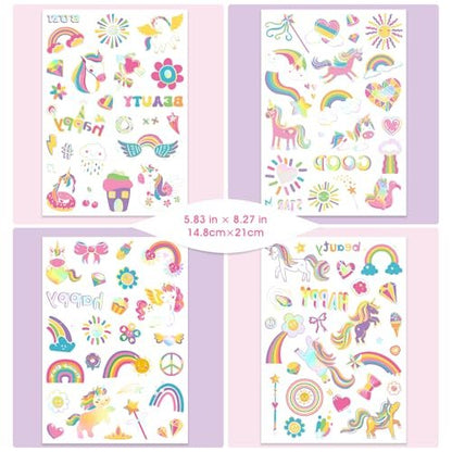 Unicorn Temporary Tattoos for Kids Girls - 94 Glitter Styles, Rainbow Fake Tattoos for Birthday, Party Decorations, Favors - Waterproof Unicorn Tattoos Stickers (4 Sheets)