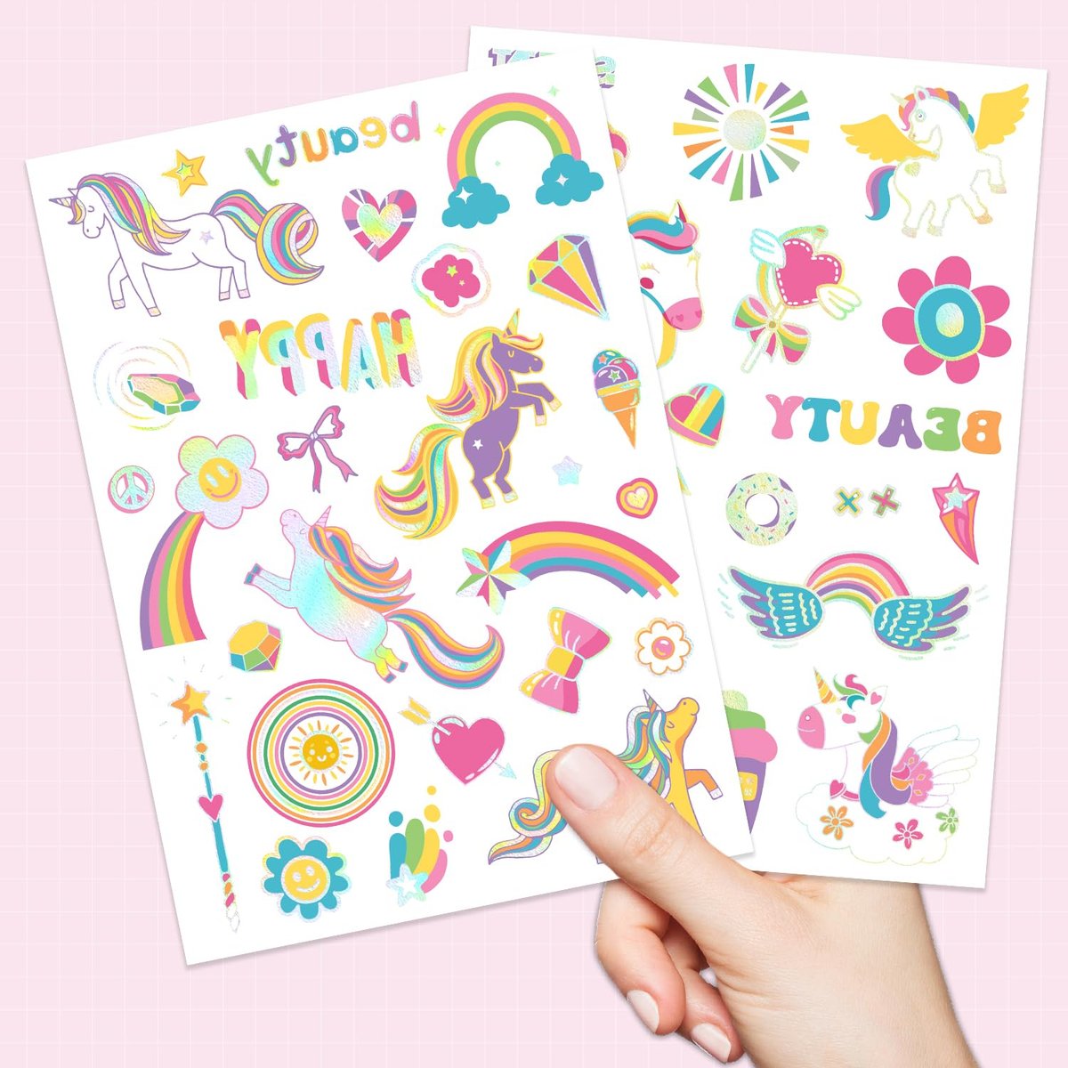 Unicorn Temporary Tattoos for Kids Girls - 94 Glitter Styles, Rainbow Fake Tattoos for Birthday, Party Decorations, Favors - Waterproof Unicorn Tattoos Stickers (4 Sheets) - görsel 11