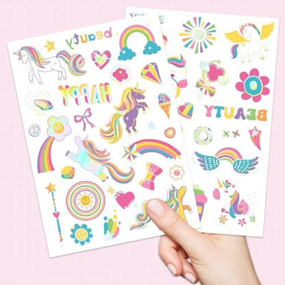 Unicorn Temporary Tattoos for Kids Girls - 94 Glitter Styles, Rainbow Fake Tattoos for Birthday, Party Decorations, Favors - Waterproof Unicorn Tattoos Stickers (4 Sheets)