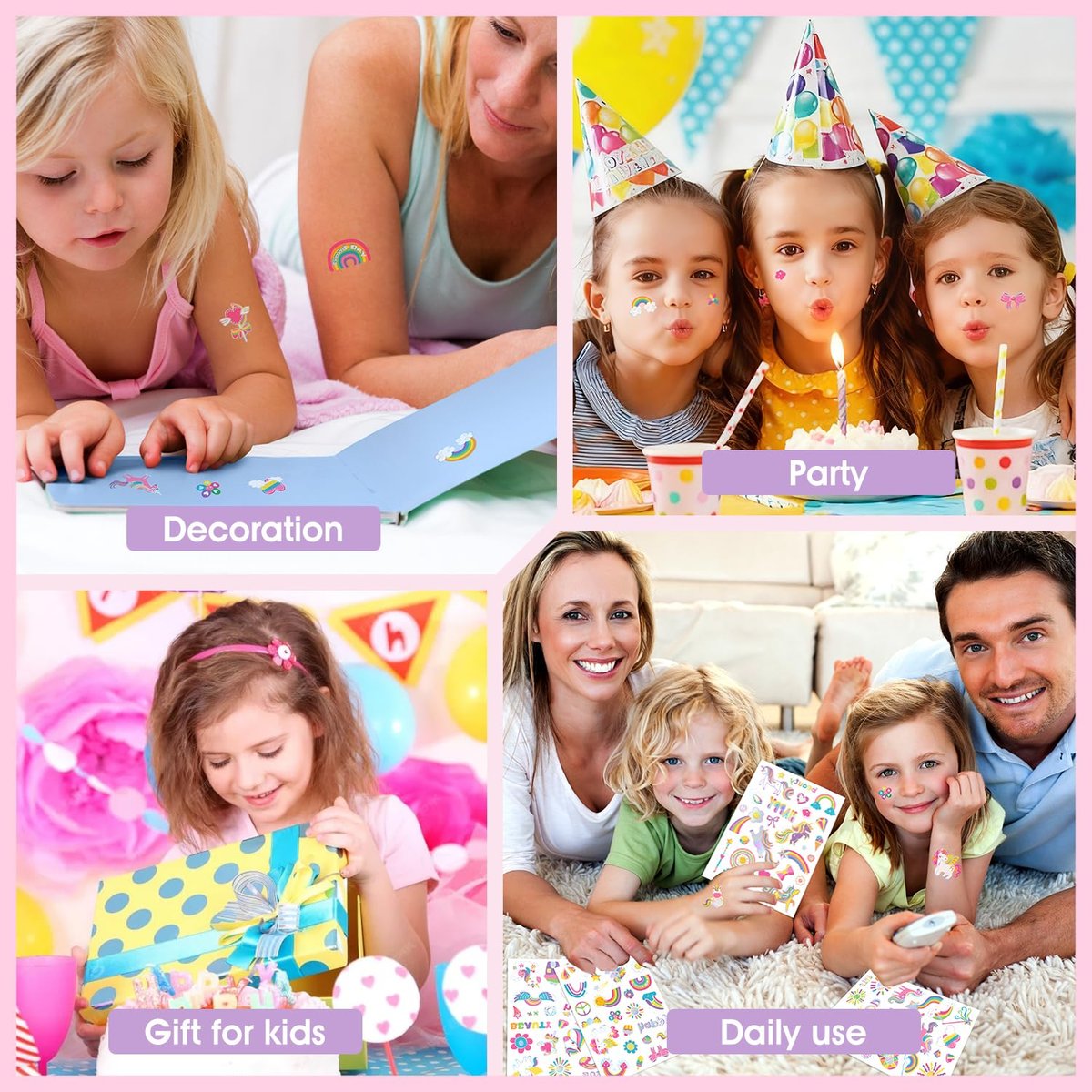 Unicorn Temporary Tattoos for Kids Girls - 94 Glitter Styles, Rainbow Fake Tattoos for Birthday, Party Decorations, Favors - Waterproof Unicorn Tattoos Stickers (4 Sheets) - görsel 7