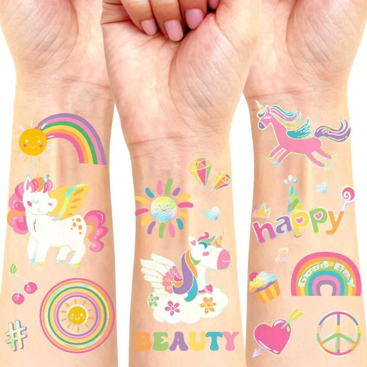 Unicorn Temporary Tattoos for Kids Girls - 94 Glitter Styles, Rainbow Fake Tattoos for Birthday, Party Decorations, Favors - Waterproof Unicorn Tattoos Stickers (4 Sheets) - görsel 1