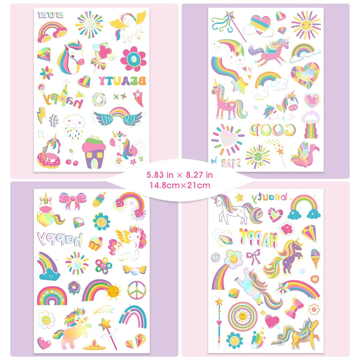 Unicorn Temporary Tattoos for Kids Girls - 94 Glitter Styles, Rainbow Fake Tattoos for Birthday, Party Decorations, Favors - Waterproof Unicorn Tattoos Stickers (4 Sheets) - görsel 3