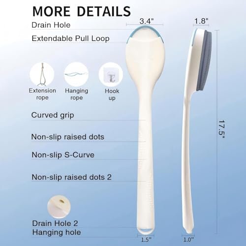 BUBBLEDANCE Extendable Silicone Back Scrubber – 2-Hand Grip for 4X Power, Curved Stiff Bristles, Non-Slip Long Handle Shower Brush for Deep Exfoliation (White) Avelisse