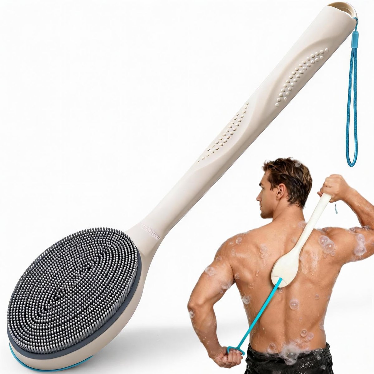 BUBBLEDANCE Extendable Silicone Back Scrubber – 2-Hand Grip for 4X Power, Curved Stiff Bristles, Non-Slip Long Handle Shower Brush for Deep Exfoliation (White) Avelisse