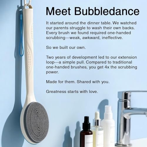 BUBBLEDANCE Extendable Silicone Back Scrubber – 2-Hand Grip for 4X Power, Curved Stiff Bristles, Non-Slip Long Handle Shower Brush for Deep Exfoliation (White) Avelisse