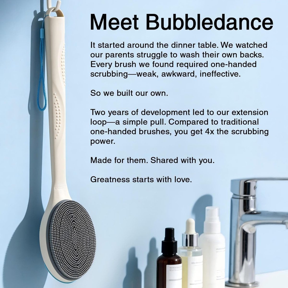 BUBBLEDANCE Extendable Silicone Back Scrubber – 2-Hand Grip for 4X Power, Curved Stiff Bristles, Non-Slip Long Handle Shower Brush for Deep Exfoliation (White) Avelisse