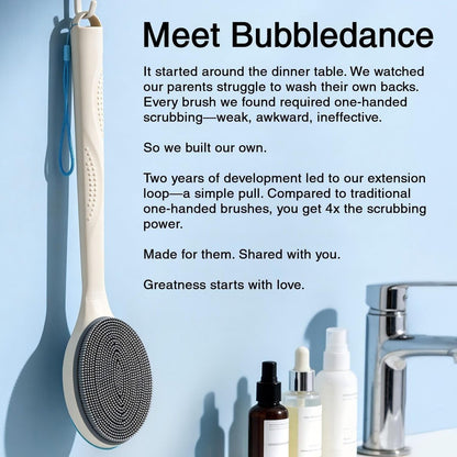 BUBBLEDANCE Extendable Silicone Back Scrubber – 2-Hand Grip for 4X Power, Curved Stiff Bristles, Non-Slip Long Handle Shower Brush for Deep Exfoliation (White) Avelisse