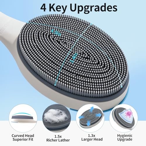 BUBBLEDANCE Extendable Silicone Back Scrubber – 2-Hand Grip for 4X Power, Curved Stiff Bristles, Non-Slip Long Handle Shower Brush for Deep Exfoliation (White) Avelisse