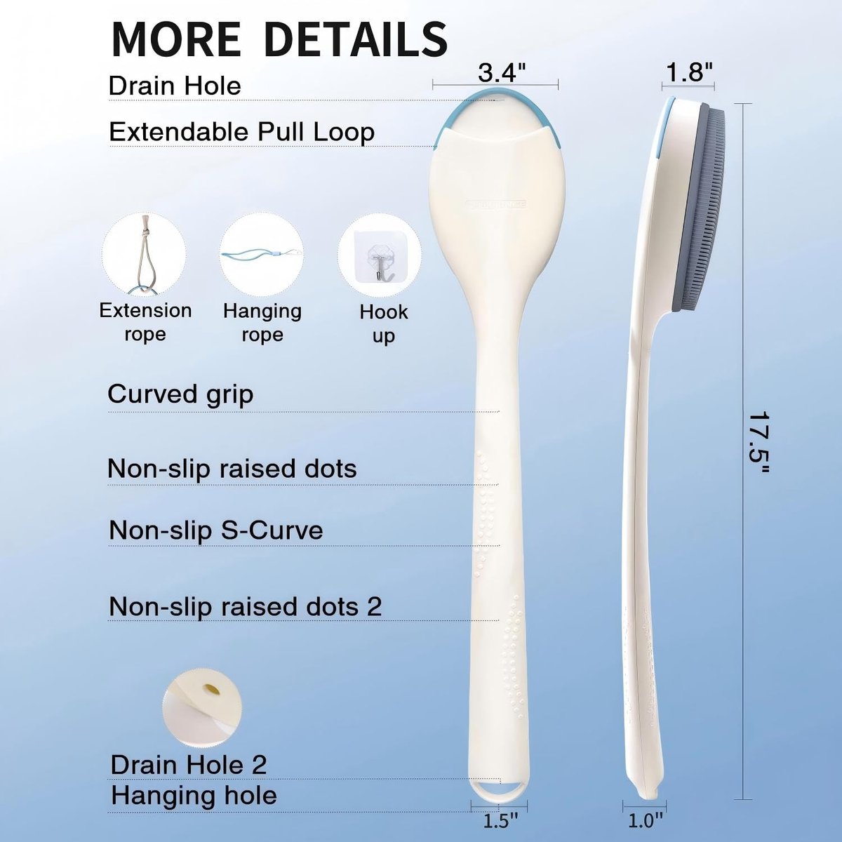 BUBBLEDANCE Extendable Silicone Back Scrubber – 2-Hand Grip for 4X Power, Curved Stiff Bristles, Non-Slip Long Handle Shower Brush for Deep Exfoliation (White) Avelisse