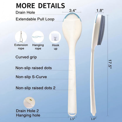 BUBBLEDANCE Extendable Silicone Back Scrubber – 2-Hand Grip for 4X Power, Curved Stiff Bristles, Non-Slip Long Handle Shower Brush for Deep Exfoliation (White) Avelisse