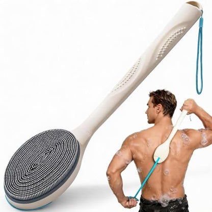 BUBBLEDANCE Extendable Silicone Back Scrubber – 2-Hand Grip for 4X Power, Curved Stiff Bristles, Non-Slip Long Handle Shower Brush for Deep Exfoliation (White) Avelisse