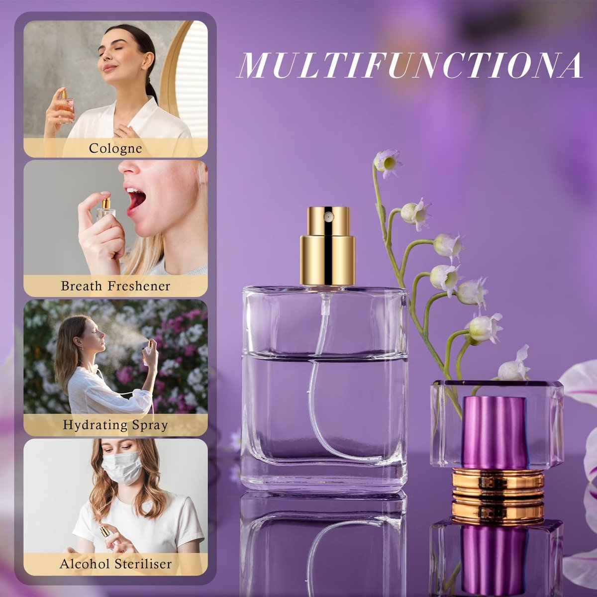 ZHENGYAOYANG 1 Pack Empty Perfume Bottle, 50ml Glass Perfume Atomizer Spray Bottle with Purple Cap, Refillable and Portable - görsel 5