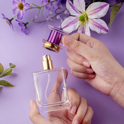 ZHENGYAOYANG 1 Pack Empty Perfume Bottle, 50ml Glass Perfume Atomizer Spray Bottle with Purple Cap, Refillable and Portable